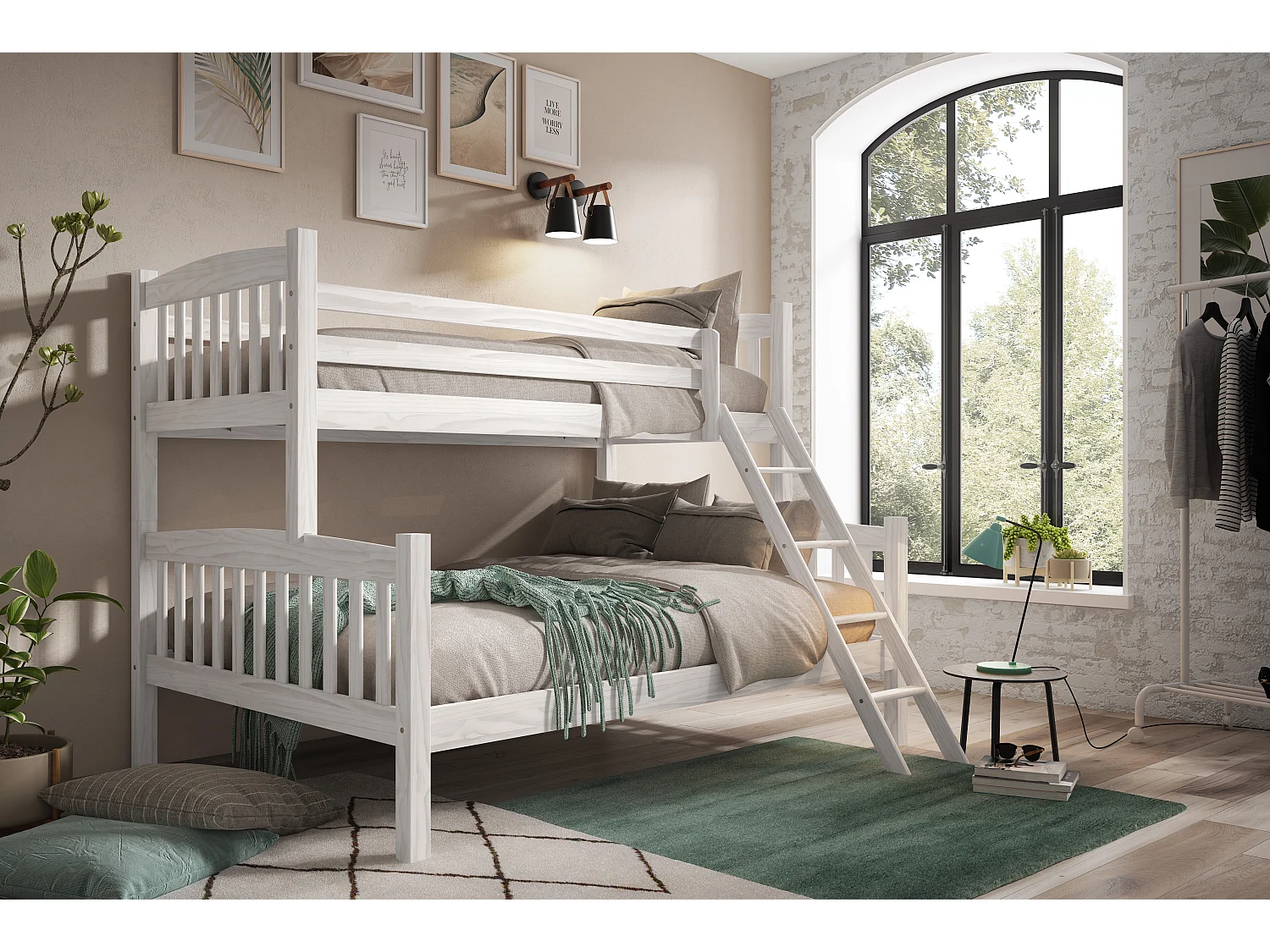 Beliche Triplo Duplo Duplo Infantil em Madeira Maciça 190x90/190x135 - Cor Branca