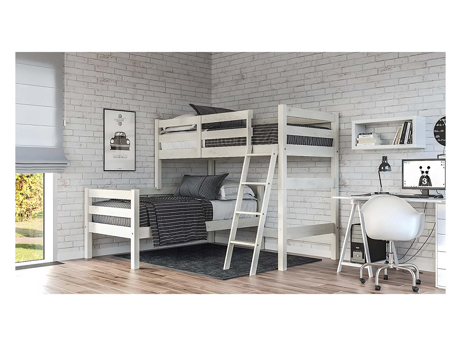 Beliche em Madeira Maciça de Pinho em L para Cama 90X190 Decapé Cor Branco