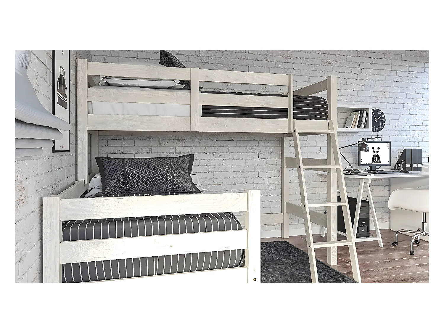 Beliche em Madeira Maciça de Pinho em L para Cama 90X190 Decapé Cor Branco