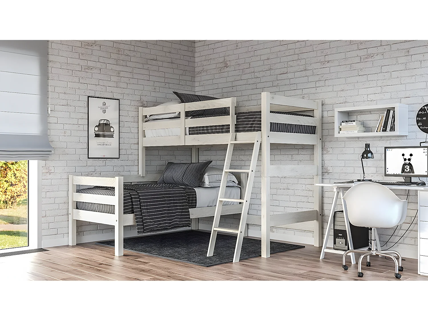 Beliche em Madeira Maciça de Pinho em L para Cama 90X190 Decapé Cor Branco