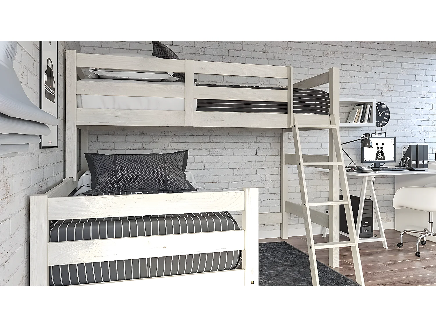 Beliche em Madeira Maciça de Pinho em L para Cama 90X190 Decapé Cor Branco