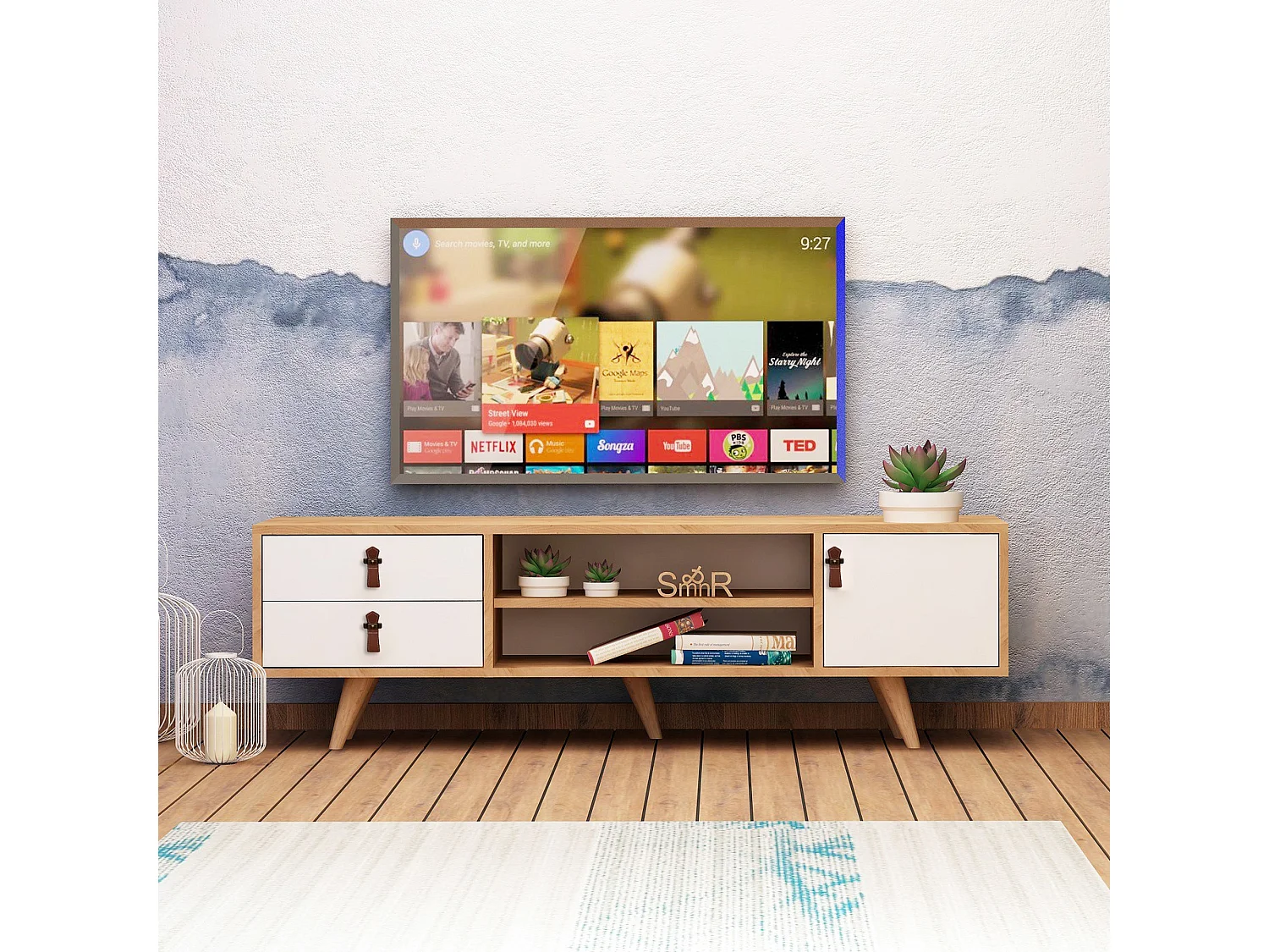 Mesa tv,100% tablero de aglomerado rechapado en melamina, color roble  blanco