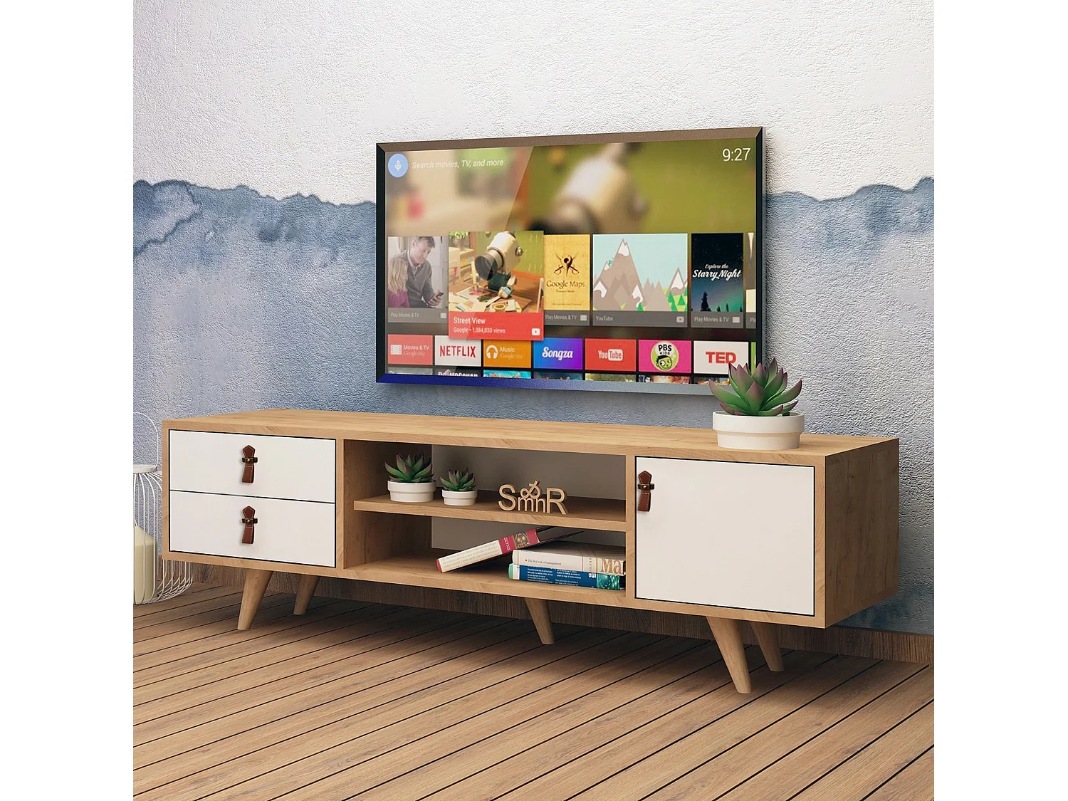 Mesa tv,100% tablero de aglomerado rechapado en melamina, color roble  blanco