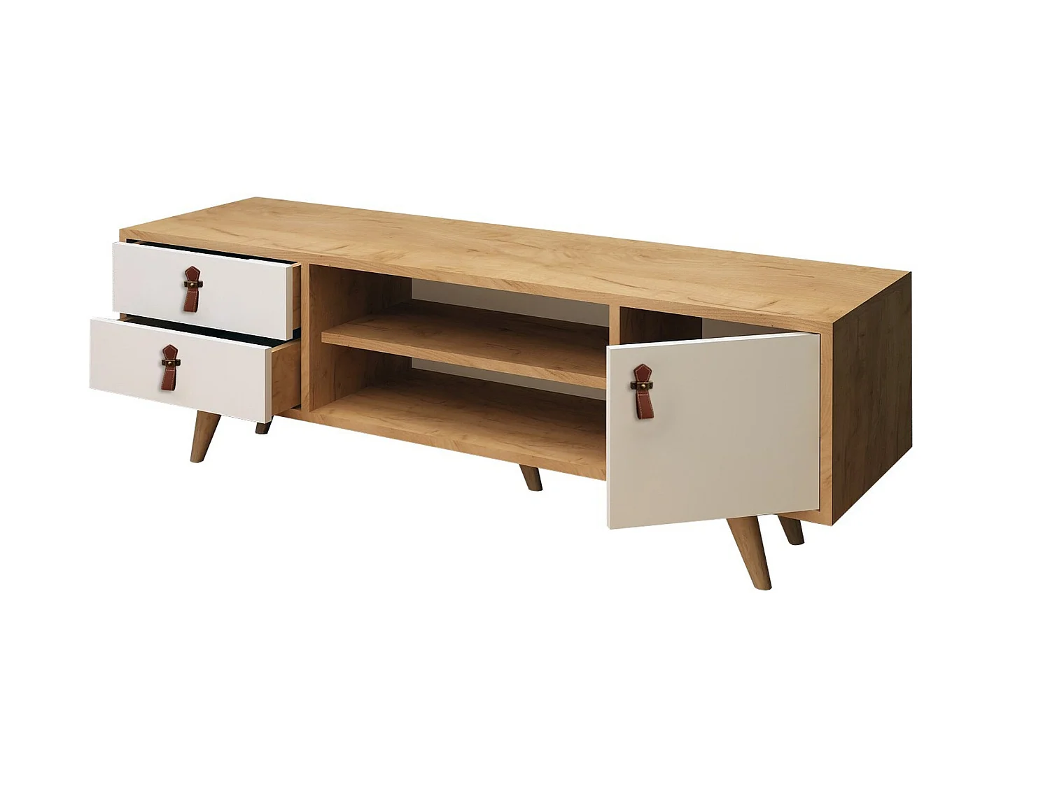 Meuble tv yukon design 100 % panneau de particules plaqué mélaminé en couleur chêne blanc, 120x53x40cm
