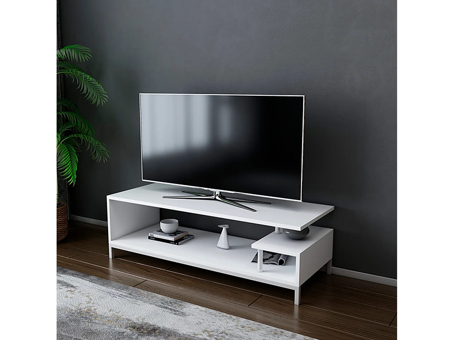 Mesa tv,100% tablero de aglomerado rechapado en melamina, color blanco h.44,6