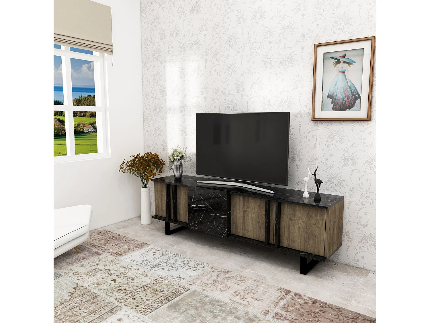 Mesa tv,100% tablero de aglomerado rechapado en melamina, color nogal h.37,1