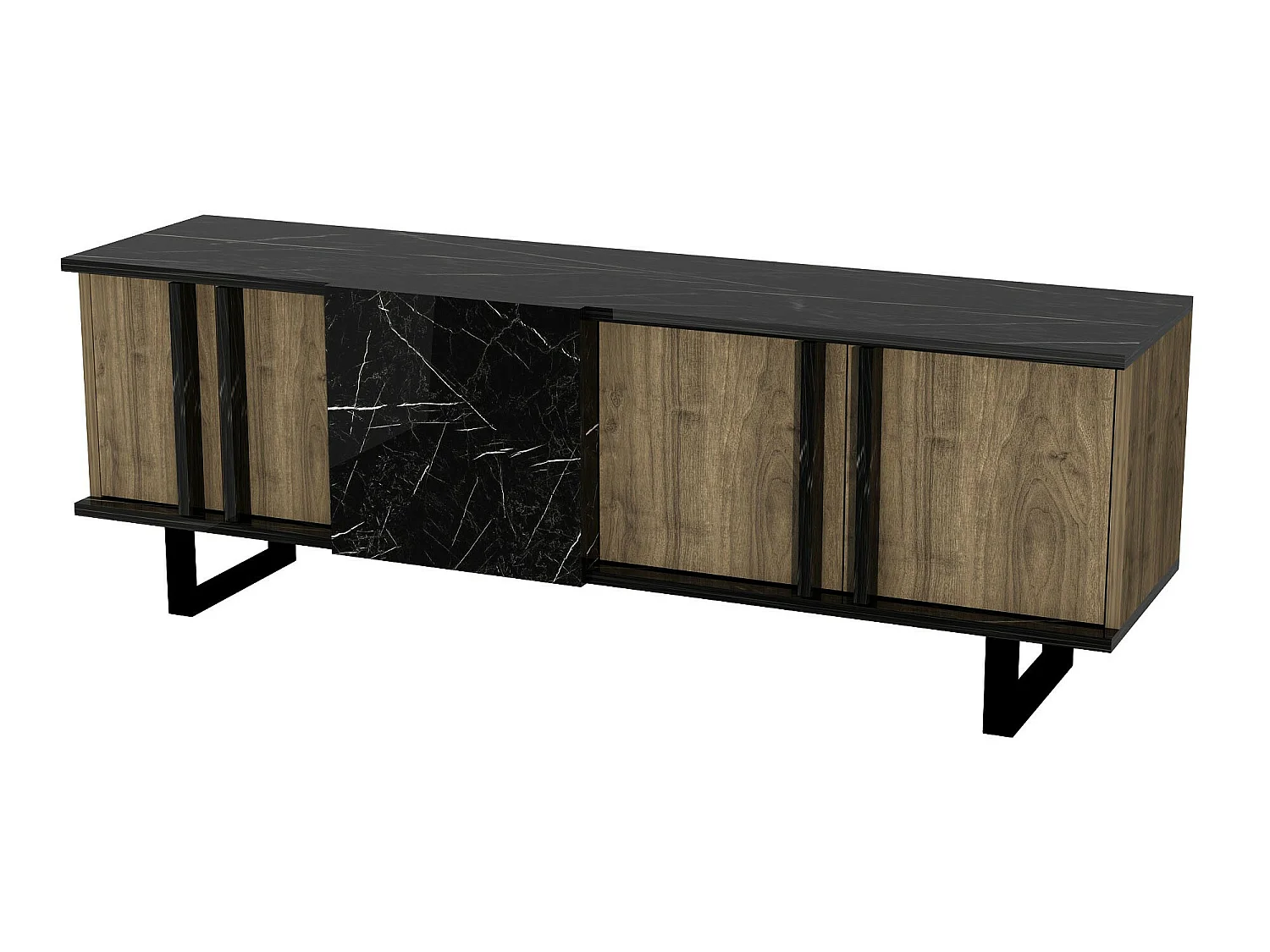 Meuble tv colorado design 100 % panneau de particules plaqué mélaminé en couleur nogal, 150x54,6x37,1cm