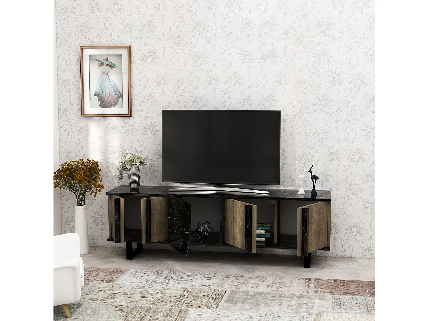 Meuble tv colorado design 100 % panneau de particules plaqué mélaminé en couleur nogal, 150x54,6x37,1cm