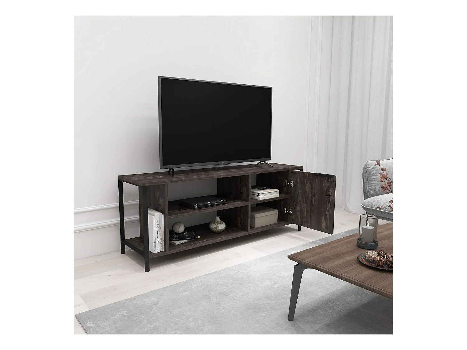 Mesa tv,100% tablero de aglomerado rechapado en melamina, color oscuro  marrón  negro