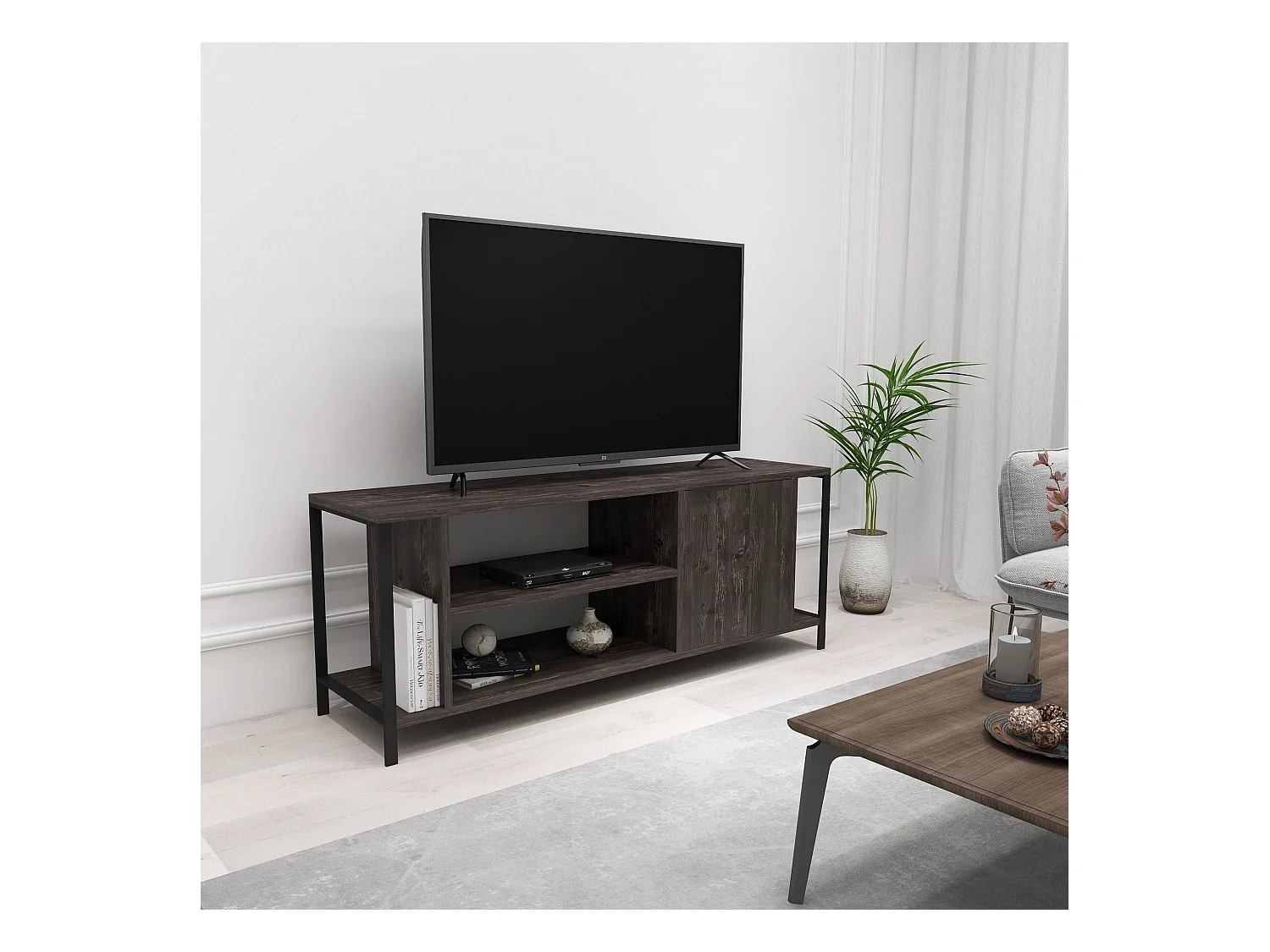 Mesa tv,100% tablero de aglomerado rechapado en melamina, color oscuro  marrón  negro