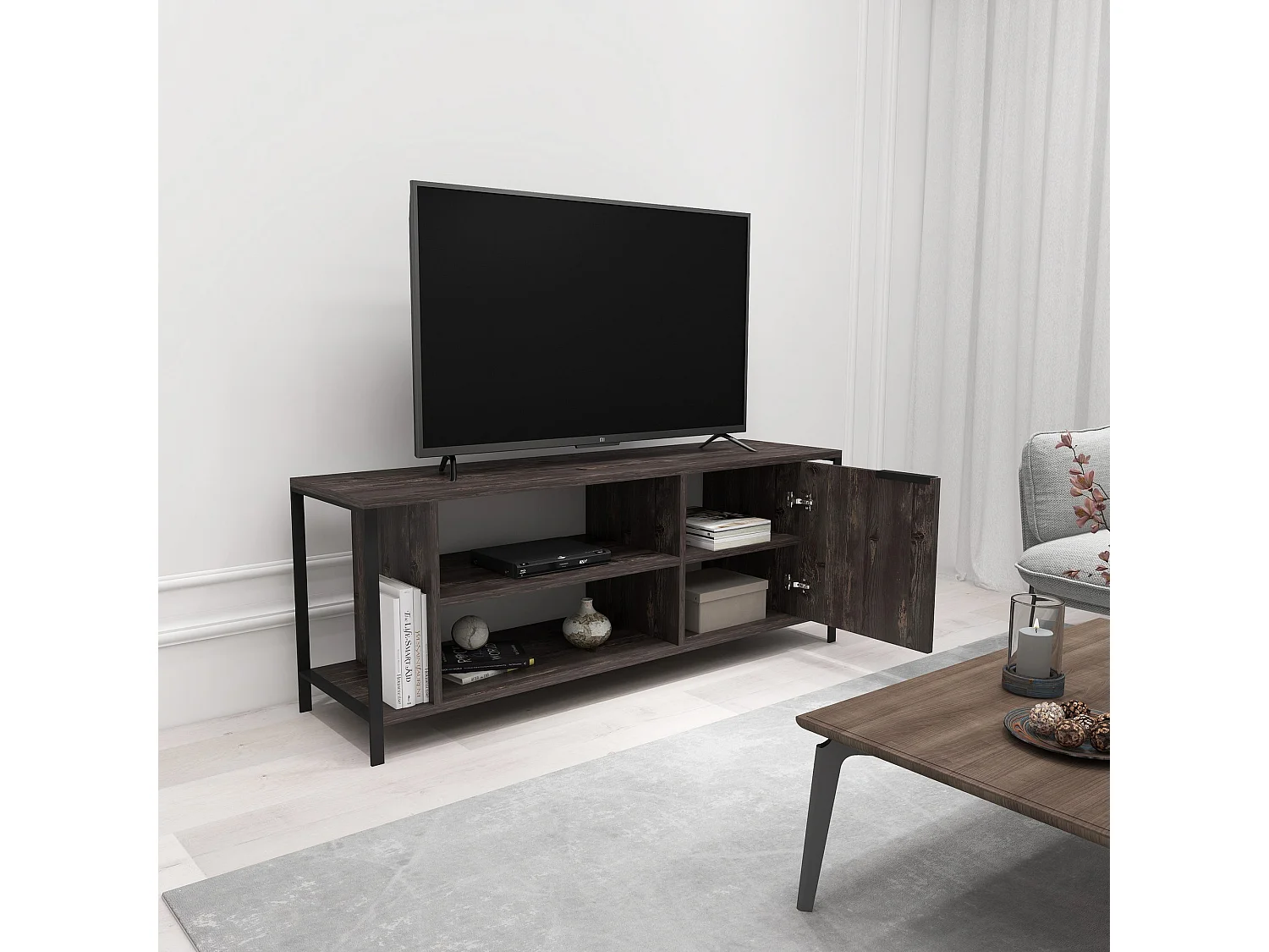 Meuble tv mississipi design 100 % panneau de particules plaqué mélaminé en couleur marron foncé noir, 120x54x30cm