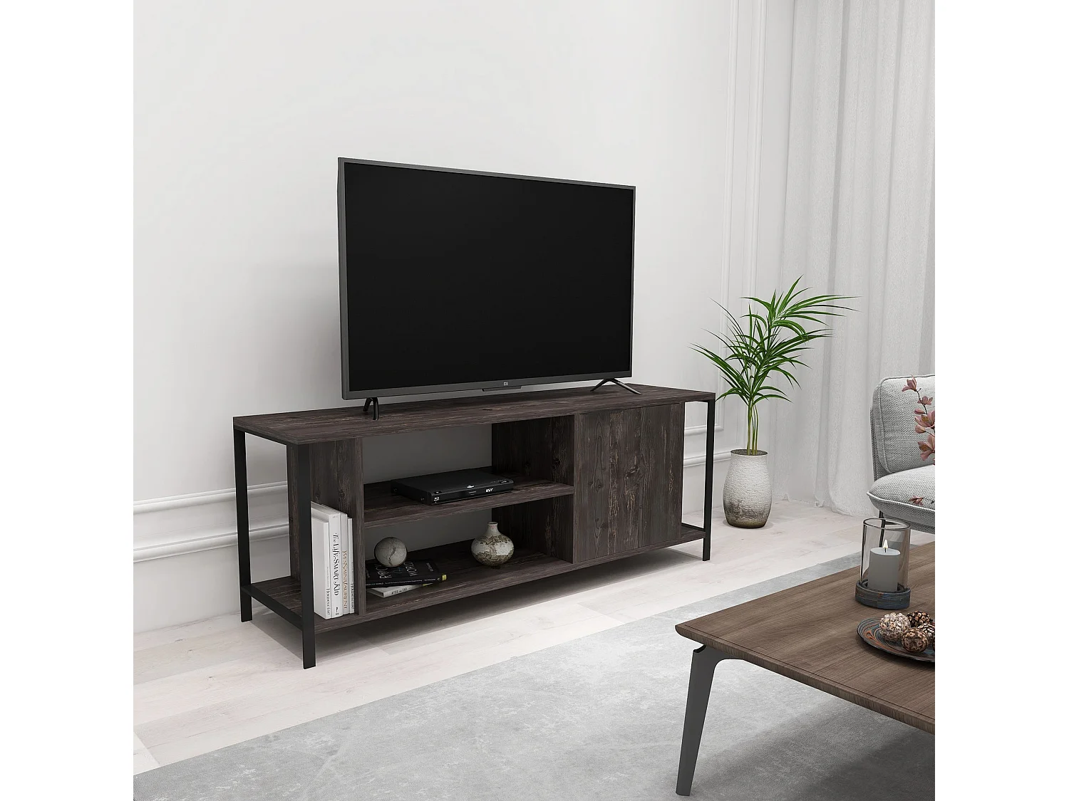 Meuble tv mississipi design 100 % panneau de particules plaqué mélaminé en couleur marron foncé noir, 120x54x30cm