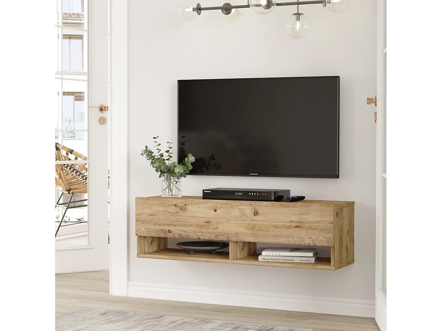 Meuble tv tajo design 100 % panneau de particules plaqué mélaminé en couleur athlantic pino, 100x29,1x31,6cm