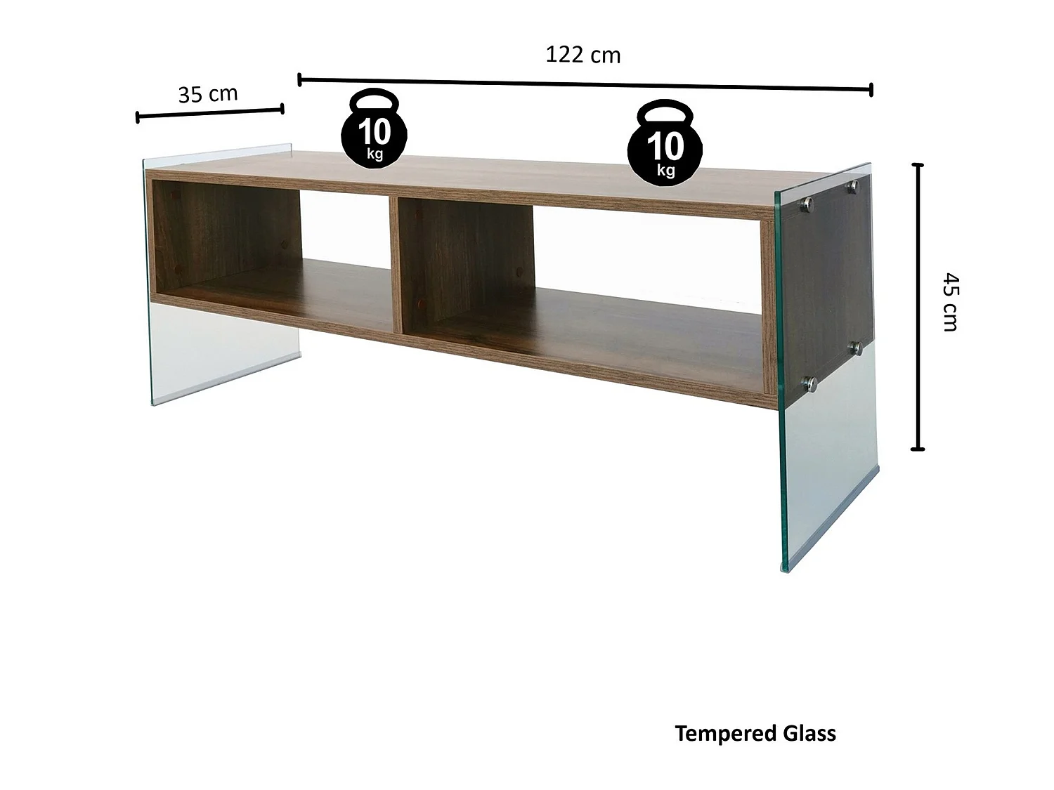 Meuble tv rhin design 100 % panneau de particules plaqué mélaminé en couleur nogal, 120x45x35cm