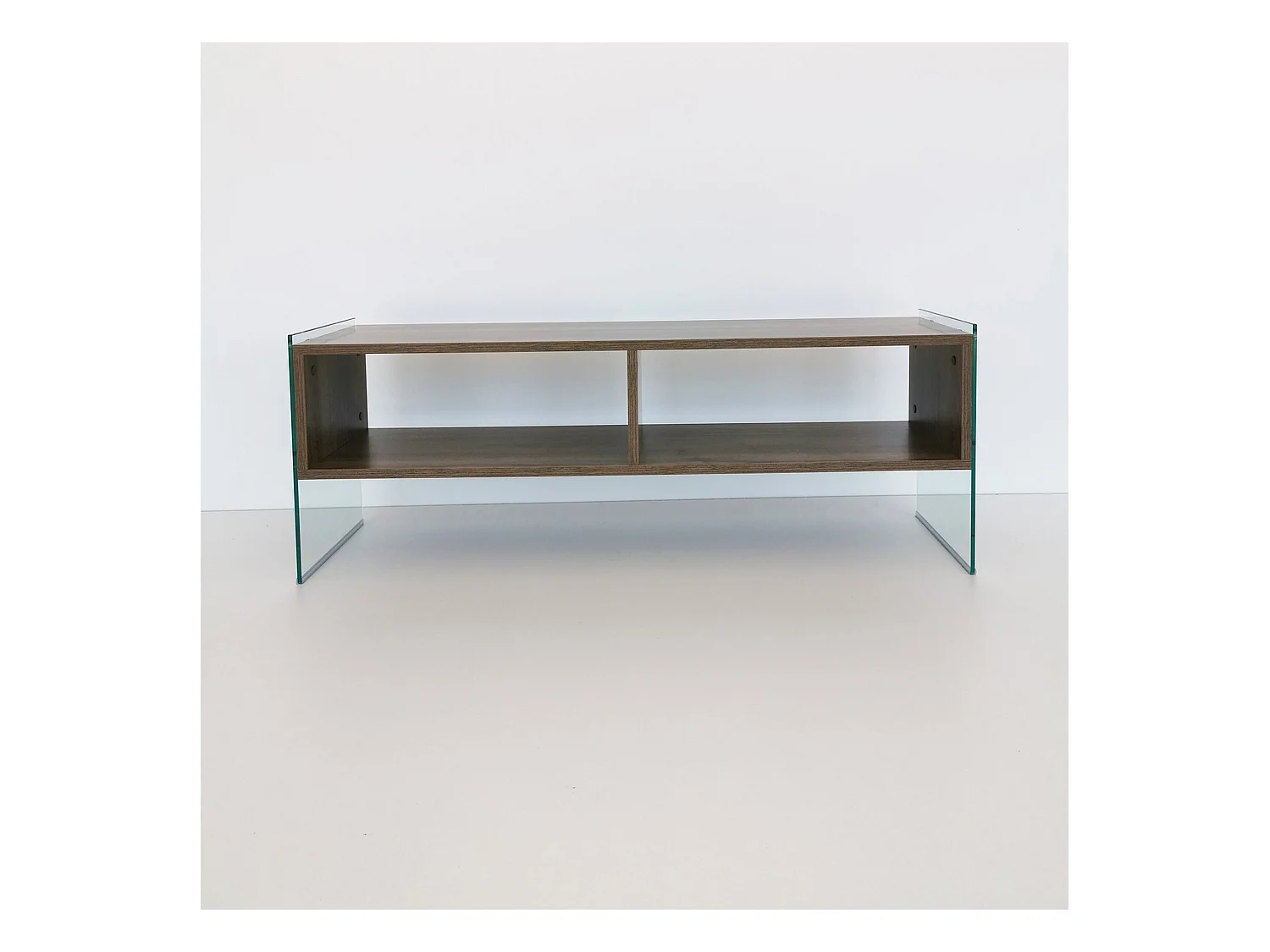 Meuble tv rhin design 100 % panneau de particules plaqué mélaminé en couleur nogal, 120x45x35cm