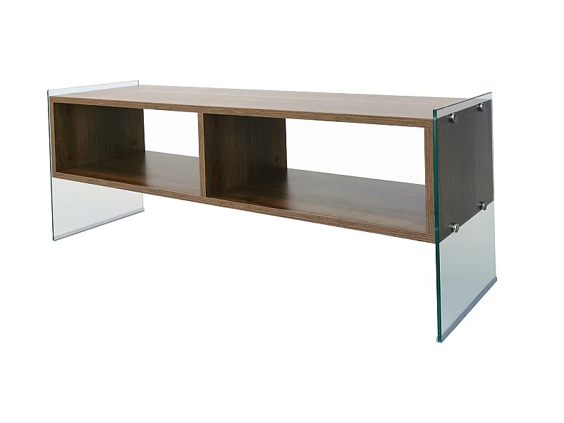 Meuble tv rhin design 100 % panneau de particules plaqué mélaminé en couleur nogal, 120x45x35cm