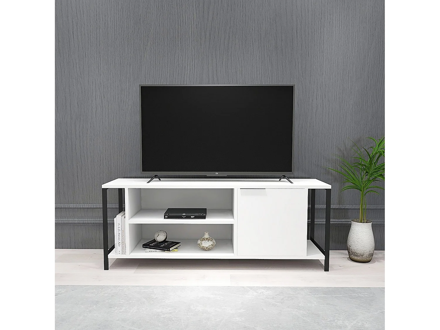 Meuble tv mississipi design 100 % panneau de particules plaqué mélaminé en couleur beyaz noir, 120x54x30cm