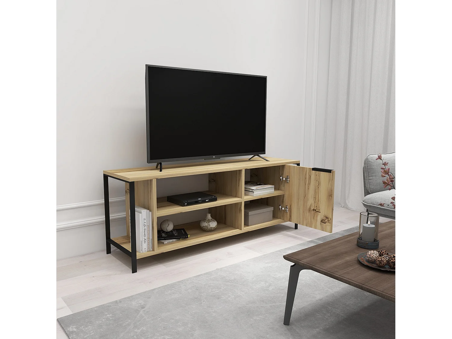 Meuble tv mississipi design 100 % panneau de particules plaqué mélaminé en couleur ivoire noir, 120x54x30cm