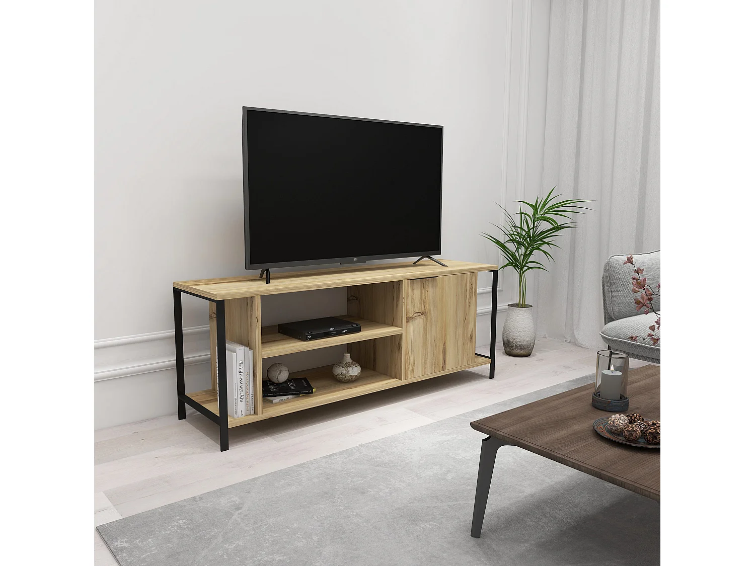 Meuble tv mississipi design 100 % panneau de particules plaqué mélaminé en couleur ivoire noir, 120x54x30cm