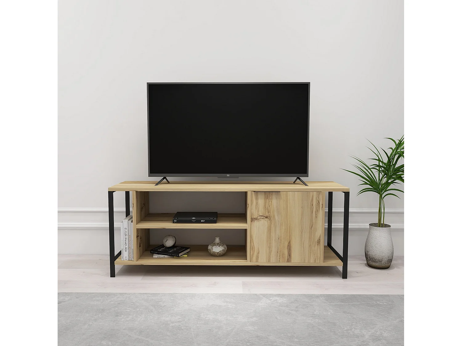 Meuble tv mississipi design 100 % panneau de particules plaqué mélaminé en couleur ivoire noir, 120x54x30cm