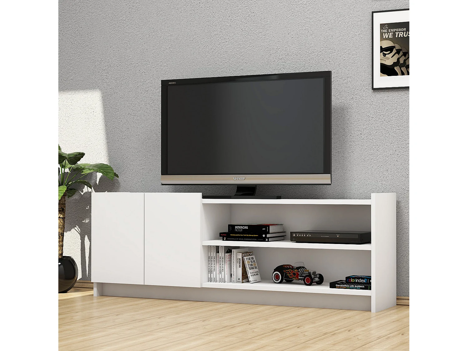 Mesa tv con compartimentos y cajones ,100% tablero de aglomerado rechapado en melamina, color blanco