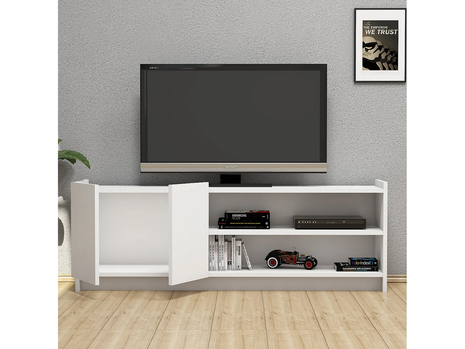 Mesa tv con compartimentos y cajones ,100% tablero de aglomerado rechapado en melamina, color blanco