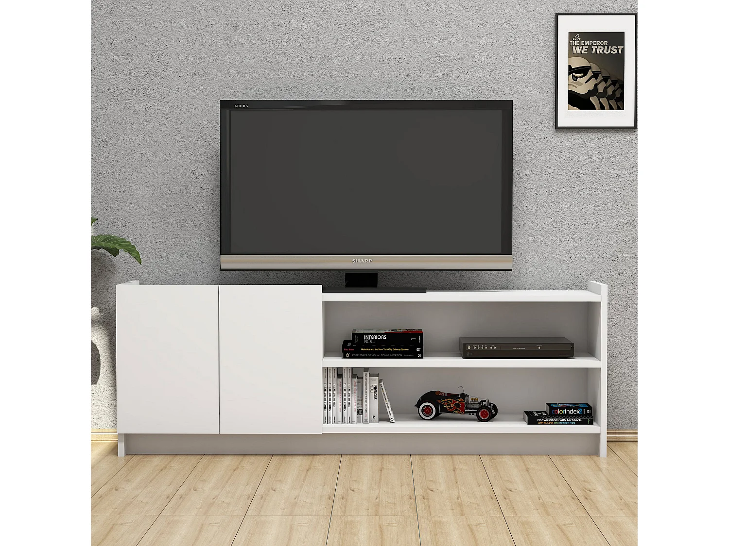 Mesa tv con compartimentos y cajones ,100% tablero de aglomerado rechapado en melamina, color blanco