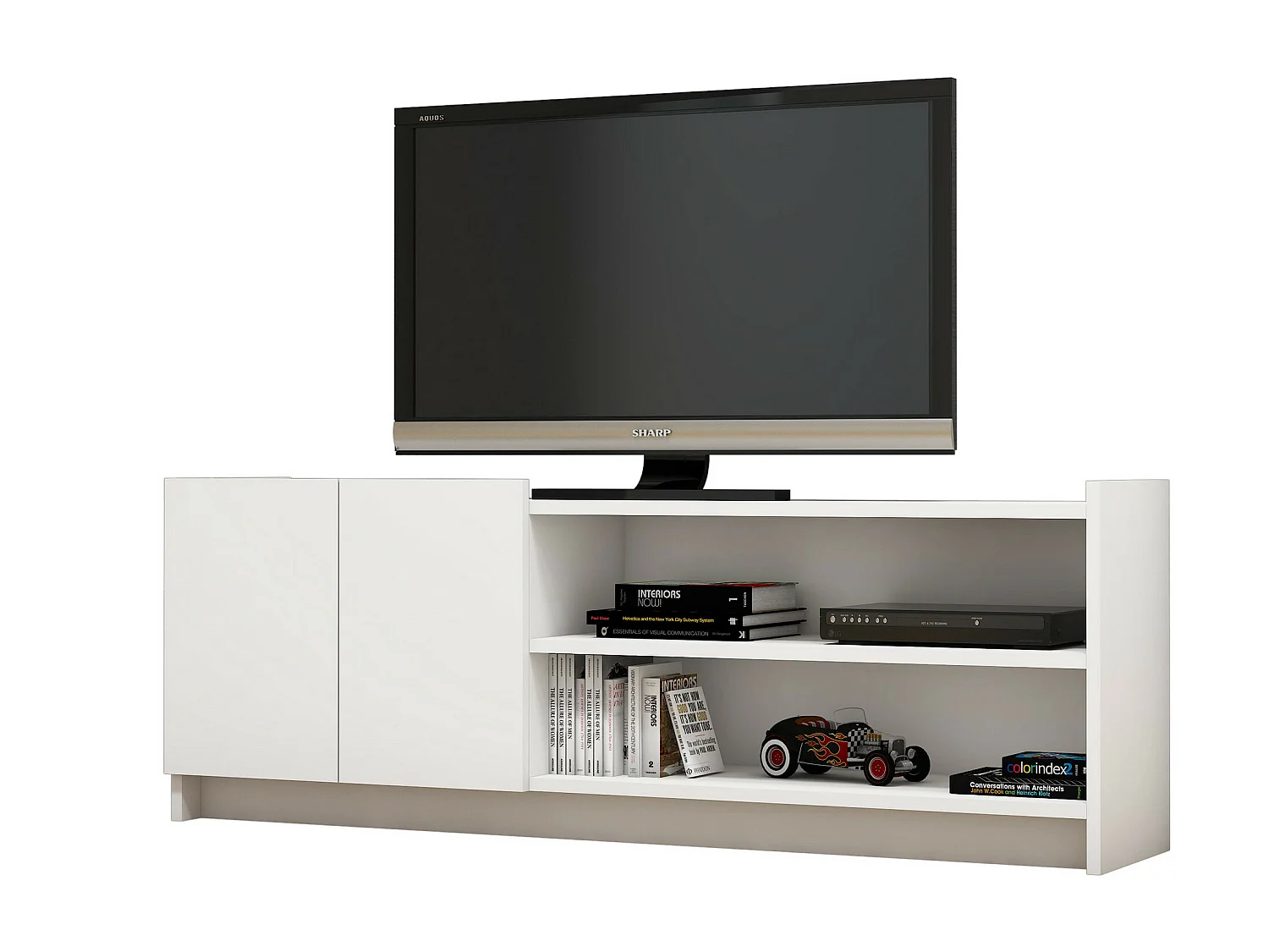 Meuble tv niger design 100 % panneau de particules plaqué mélaminé en couleur blanc, 141x50x29,5cm