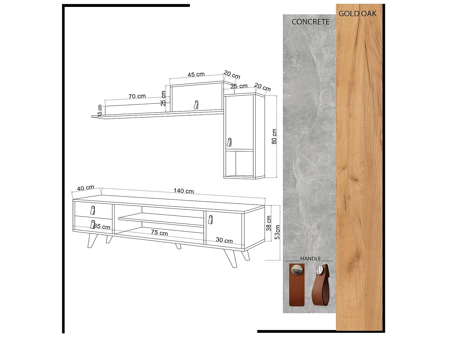 Meuble tv yukon design 100 % panneau de particules plaqué mélaminé en couleur chêne blanc, 140x80x15cm