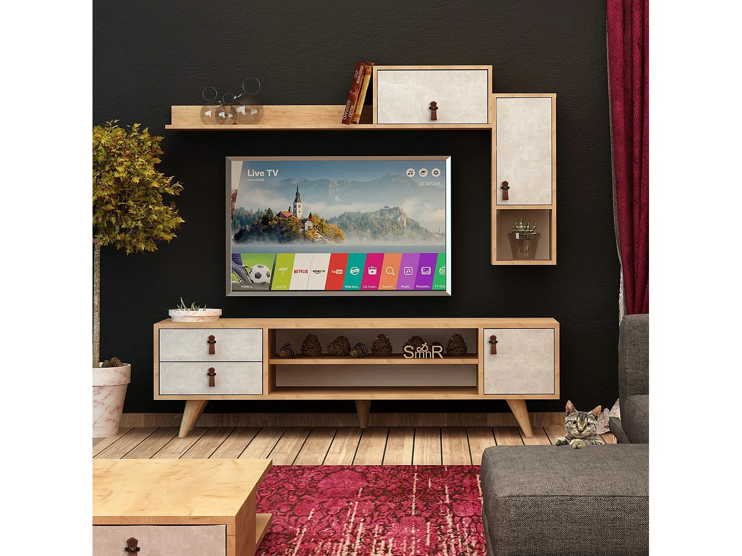 Meuble tv yukon design 100 % panneau de particules plaqué mélaminé en couleur chêne blanc, 140x80x15cm