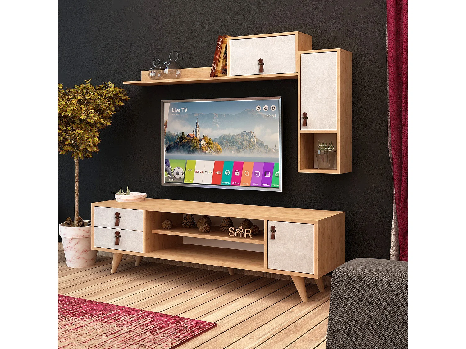 Meuble tv yukon design 100 % panneau de particules plaqué mélaminé en couleur chêne blanc, 140x80x15cm