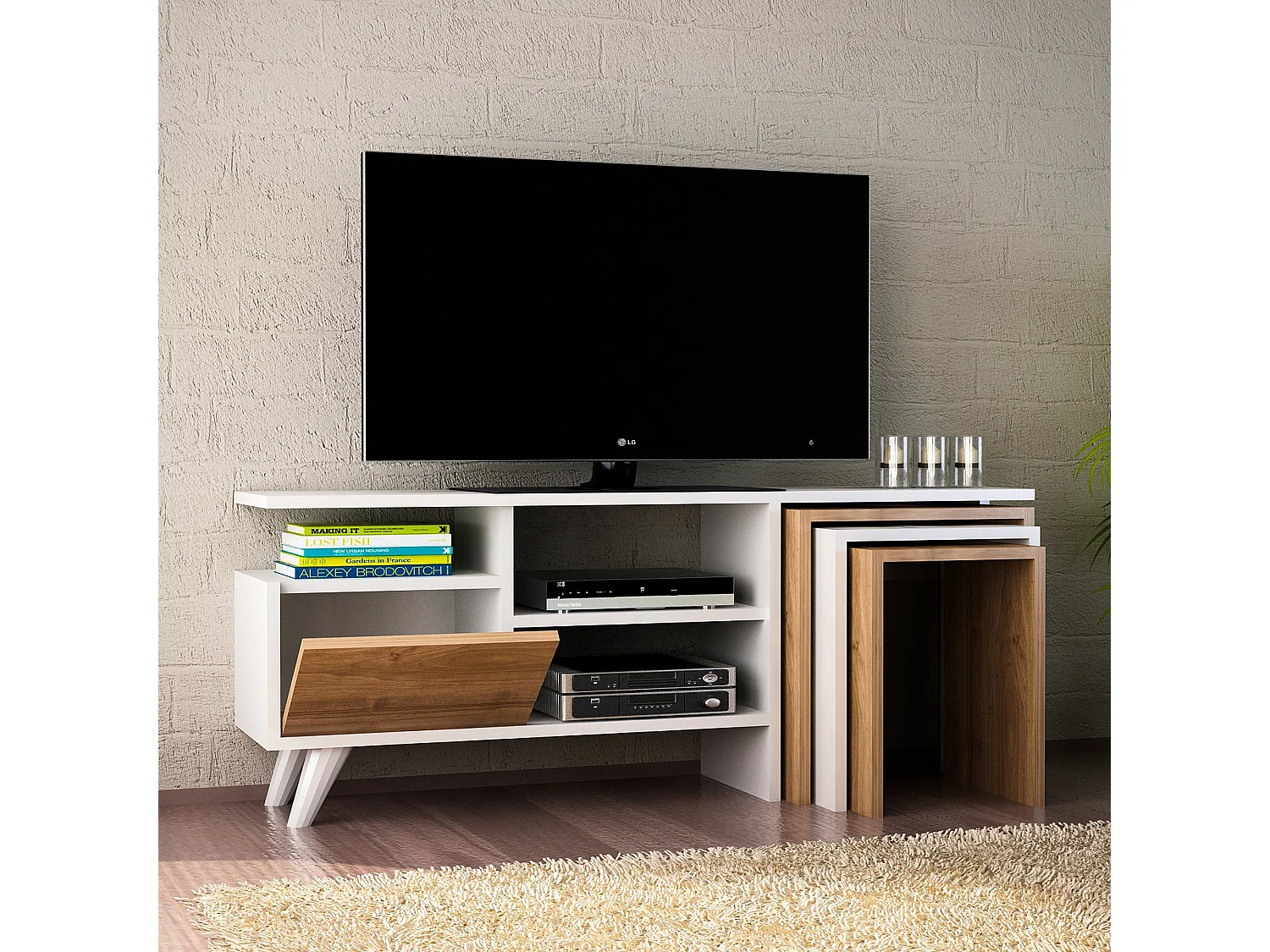 Mesa tv,100% tablero de aglomerado rechapado en melamina, color blanco  nogal