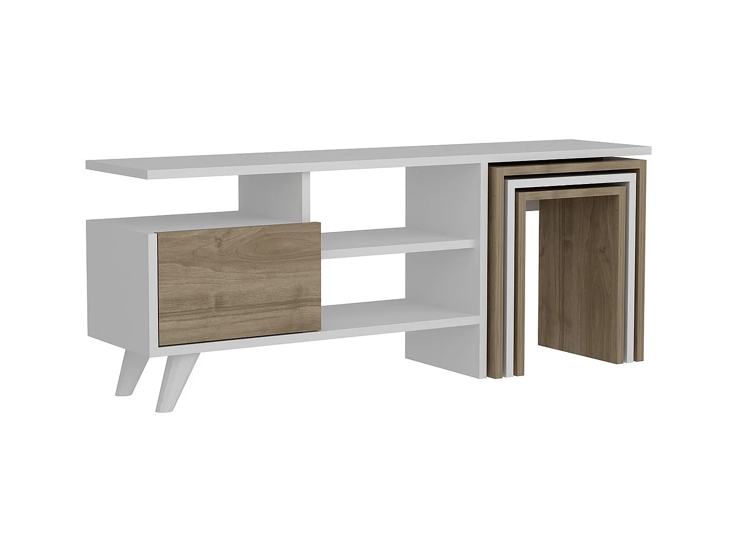 Meuble tv sena design 100 % panneau de particules plaqué mélaminé en couleur blanc nogal, 120x49x29,5cm