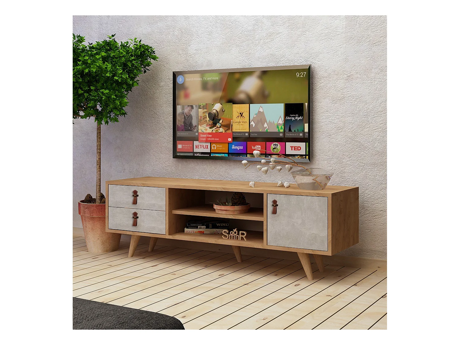 Meuble tv yukon design 100 % panneau de particules plaqué mélaminé en couleur chêne blanc, 120x53x40cm