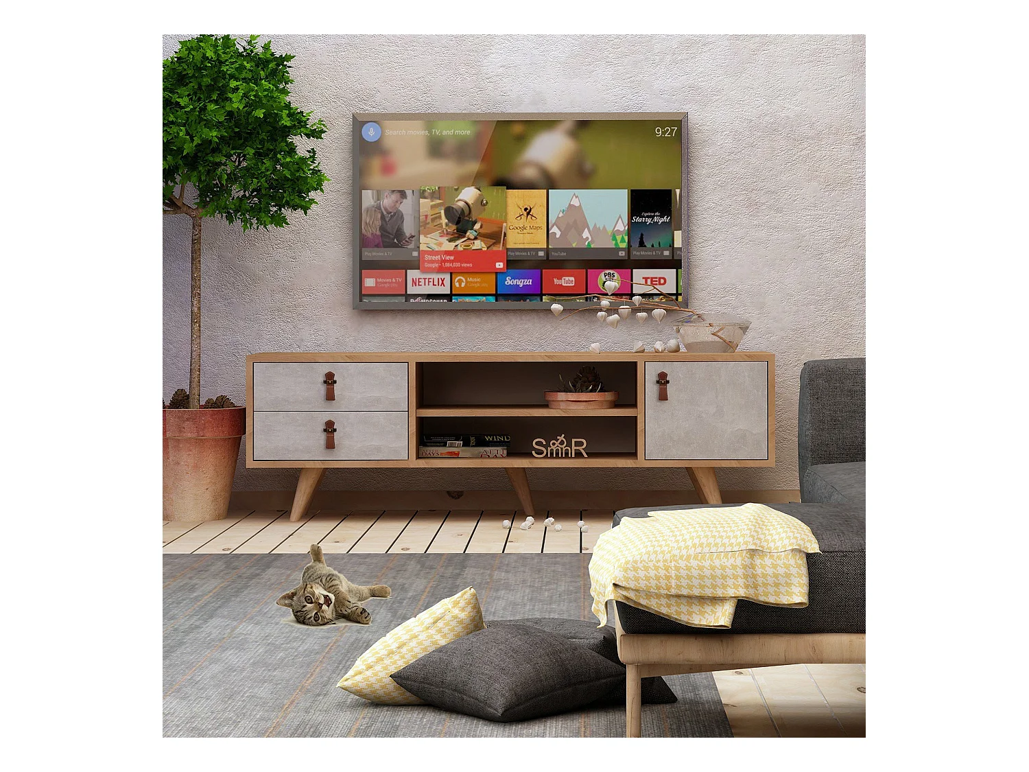Meuble tv yukon design 100 % panneau de particules plaqué mélaminé en couleur chêne blanc, 120x53x40cm