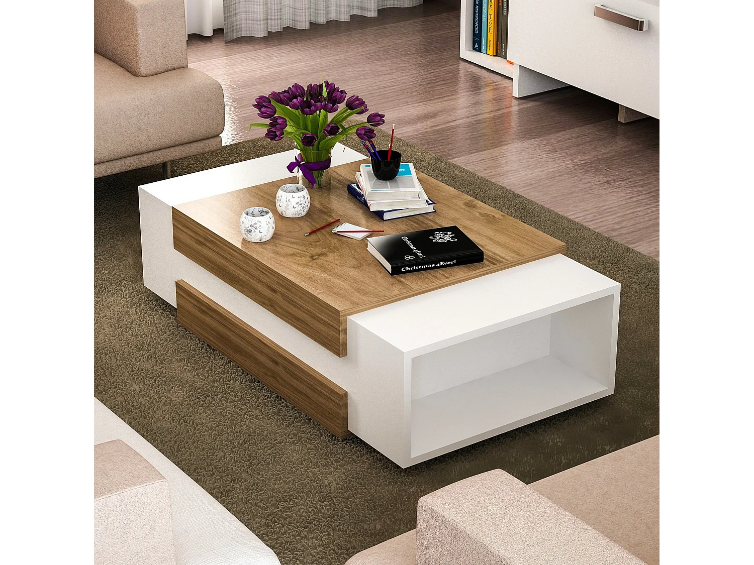 Table d’appoint Sena design Panneau de Particules Plaqué mélaminé nn couleur blanc bois. 110x31x57 cmcm