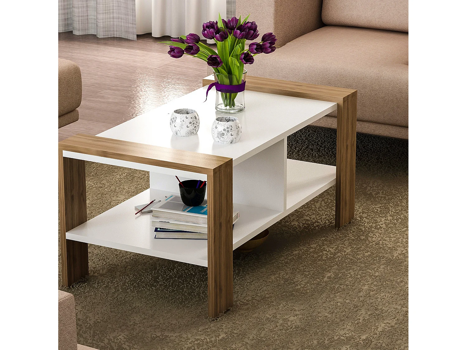 Table d’appoint sena design panneau de particules plaqué mélaminé en couleur blanc nogal. 90x42x60cm