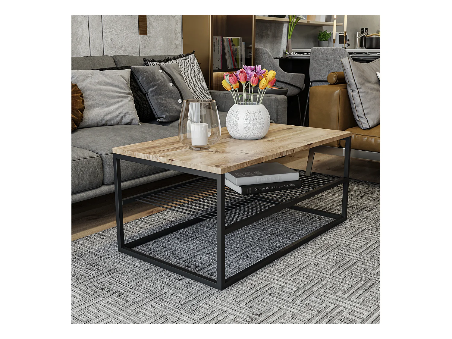 Tables basses mississipi dotée de pieds métalliquesen couleur pin atlantique noir. 95x43x55cm