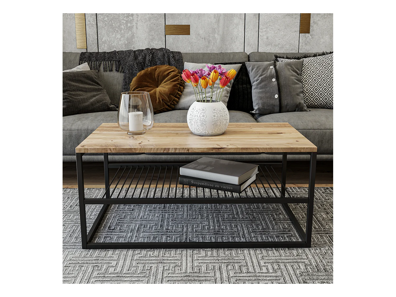 Tables basses mississipi dotée de pieds métalliquesen couleur pin atlantique noir. 95x43x55cm