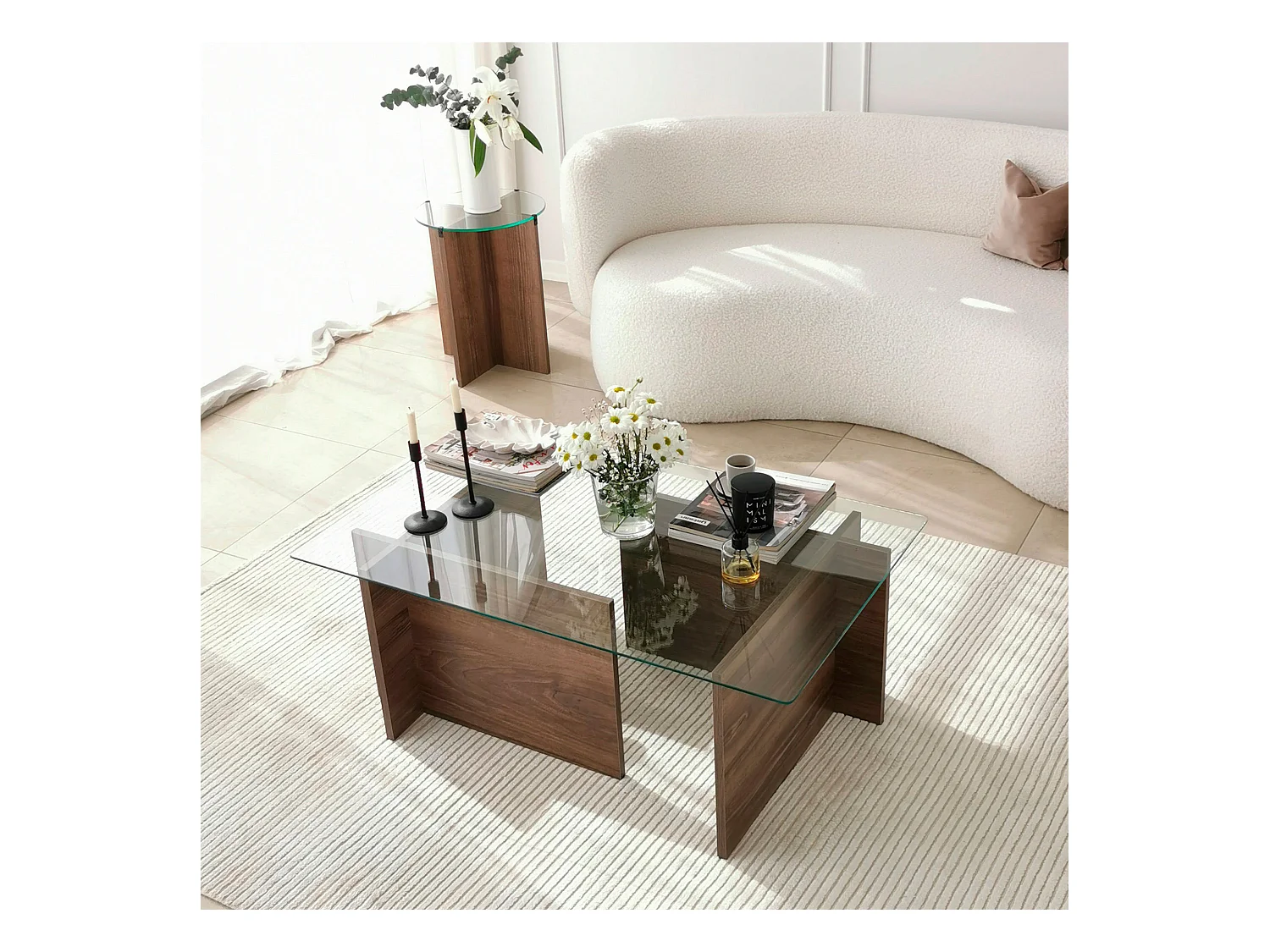 Tables basses rhin design en verre trempé en couleur nogal. 105x40x65cm