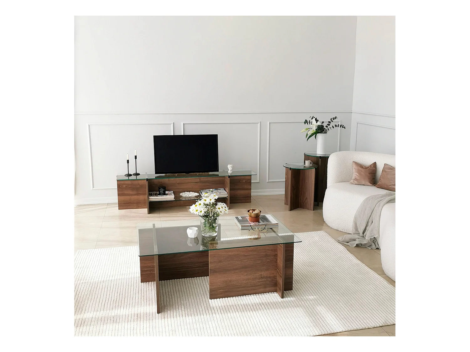 Tables basses rhin design en verre trempé en couleur nogal. 105x40x65cm