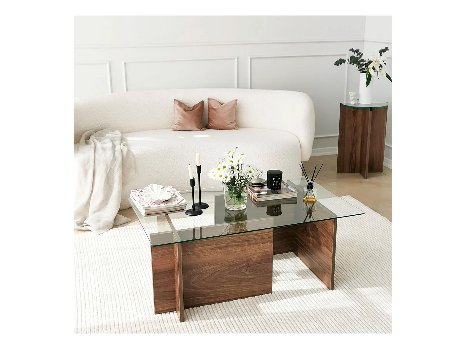 Tables basses rhin design en verre trempé en couleur nogal. 105x40x65cm