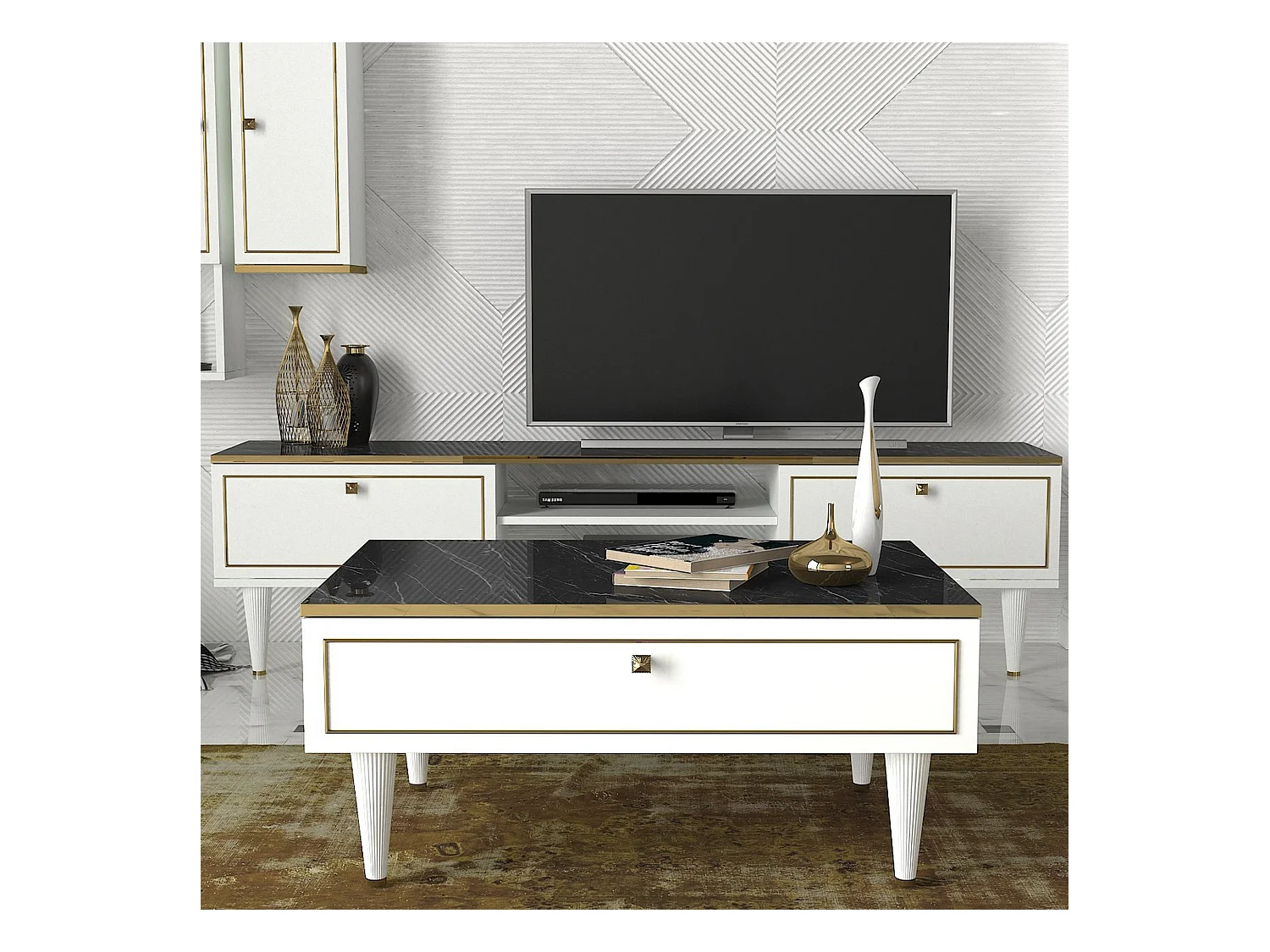 Table d’appoint tamesis design panneau de particules plaqué mélaminé en couleur blanc or noir. 90x60x42,3cm