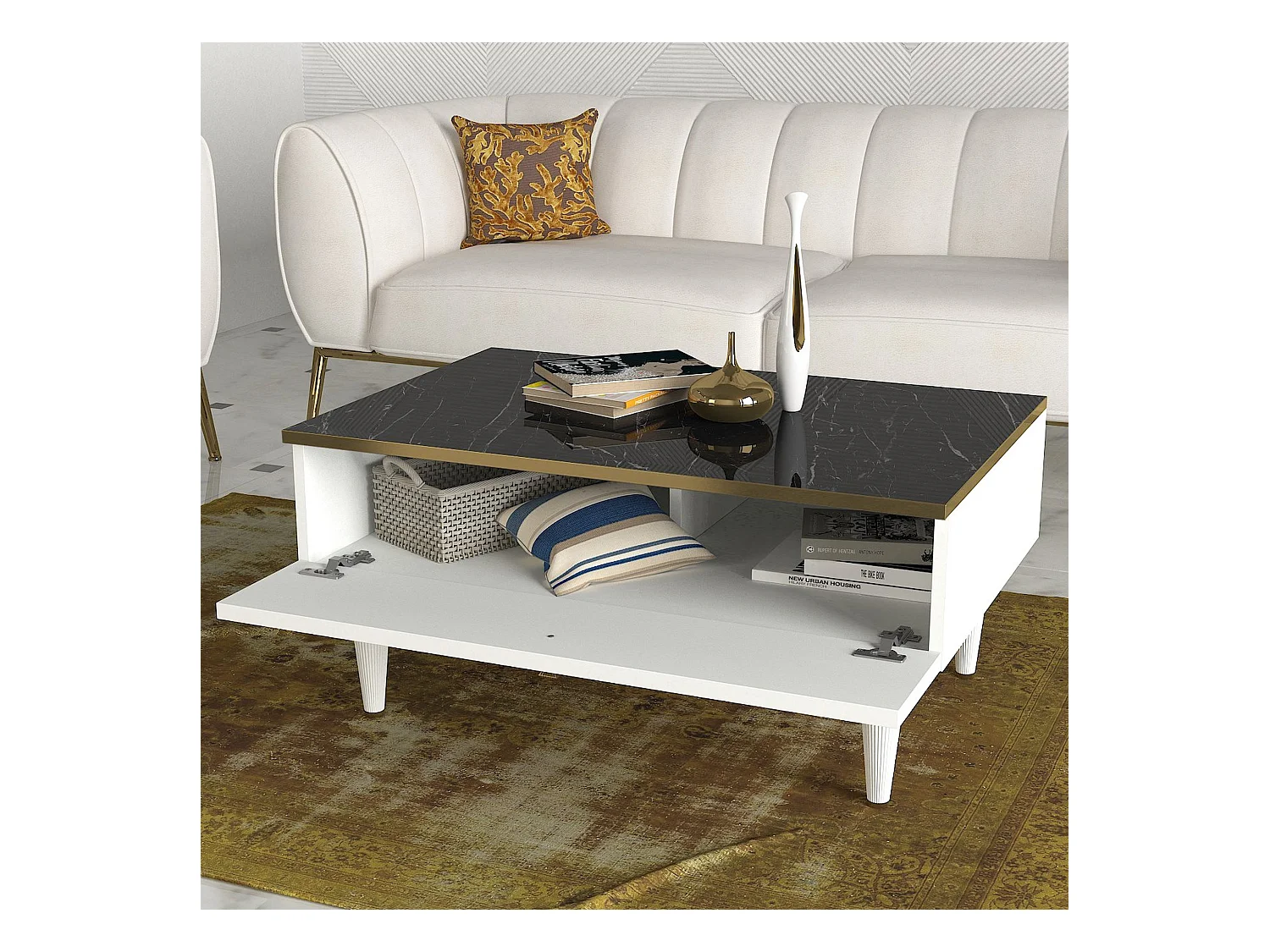 Table d’appoint tamesis design panneau de particules plaqué mélaminé en couleur blanc or noir. 90x60x42,3cm