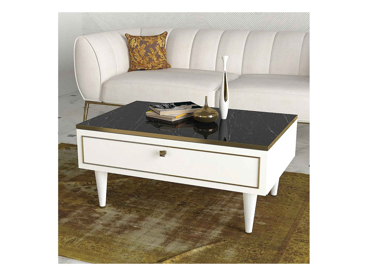 Table d’appoint tamesis design panneau de particules plaqué mélaminé en couleur blanc or noir. 90x60x42,3cm