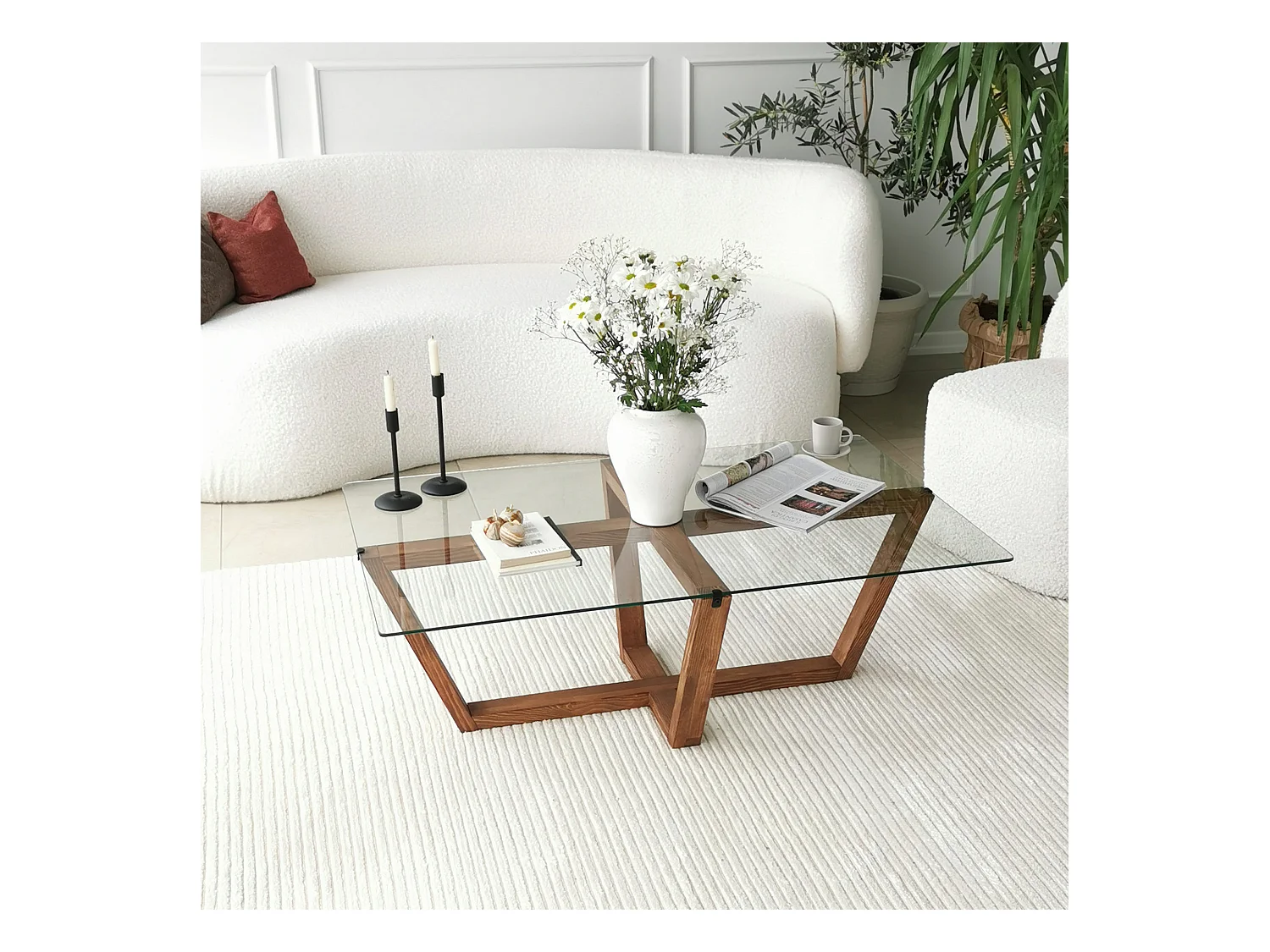 Tables basses rhin design en verre trempé en couleur nogal. 105x35x65cm