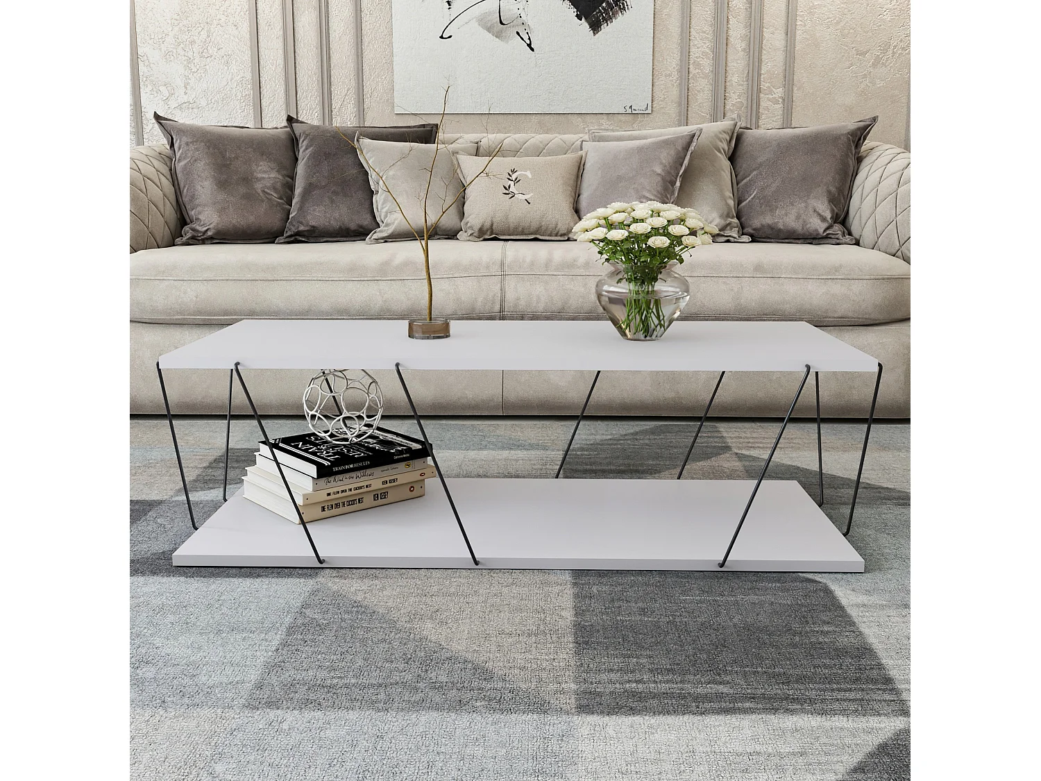 Table d’appoint mississipi design panneau de particules plaqué mélaminé en couleur blanc noir. 120x30x50cm