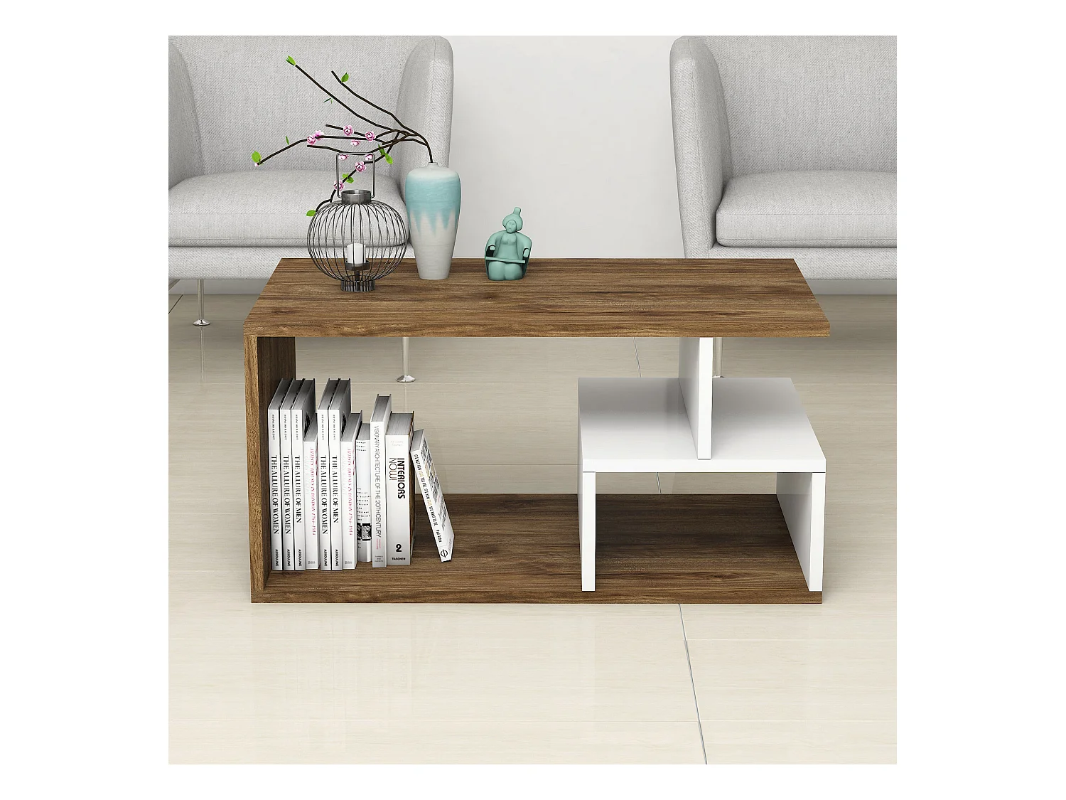 Table d’appoint niger design panneau de particules plaqué mélaminé en couleur foncé nogal blanche. 90x54x42cm