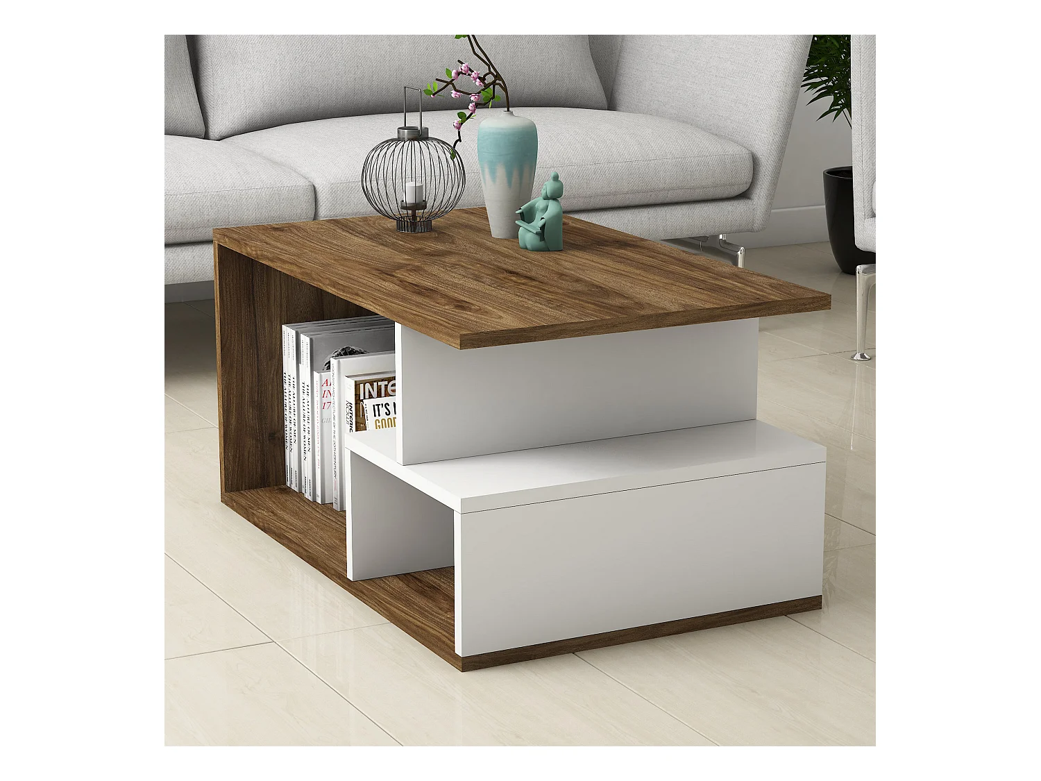 Table d’appoint niger design panneau de particules plaqué mélaminé en couleur foncé nogal blanche. 90x54x42cm