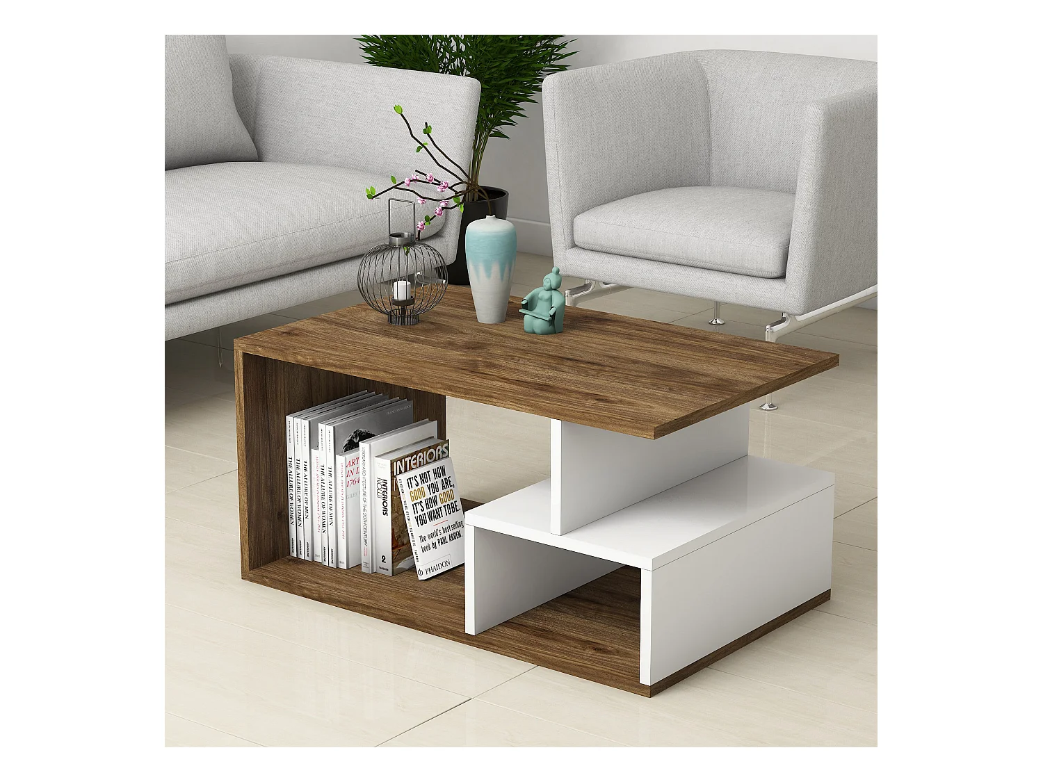 Table d’appoint niger design panneau de particules plaqué mélaminé en couleur foncé nogal blanche. 90x54x42cm